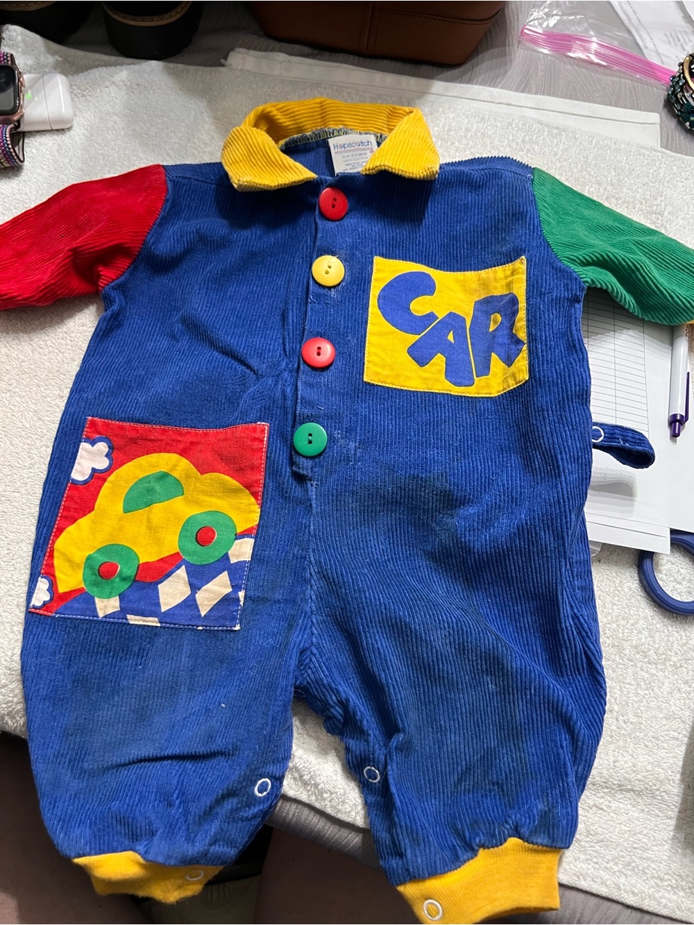 Vintage Hopscotch Baby Romper 0-6M Corduroy Colorblock Car Primary Colors